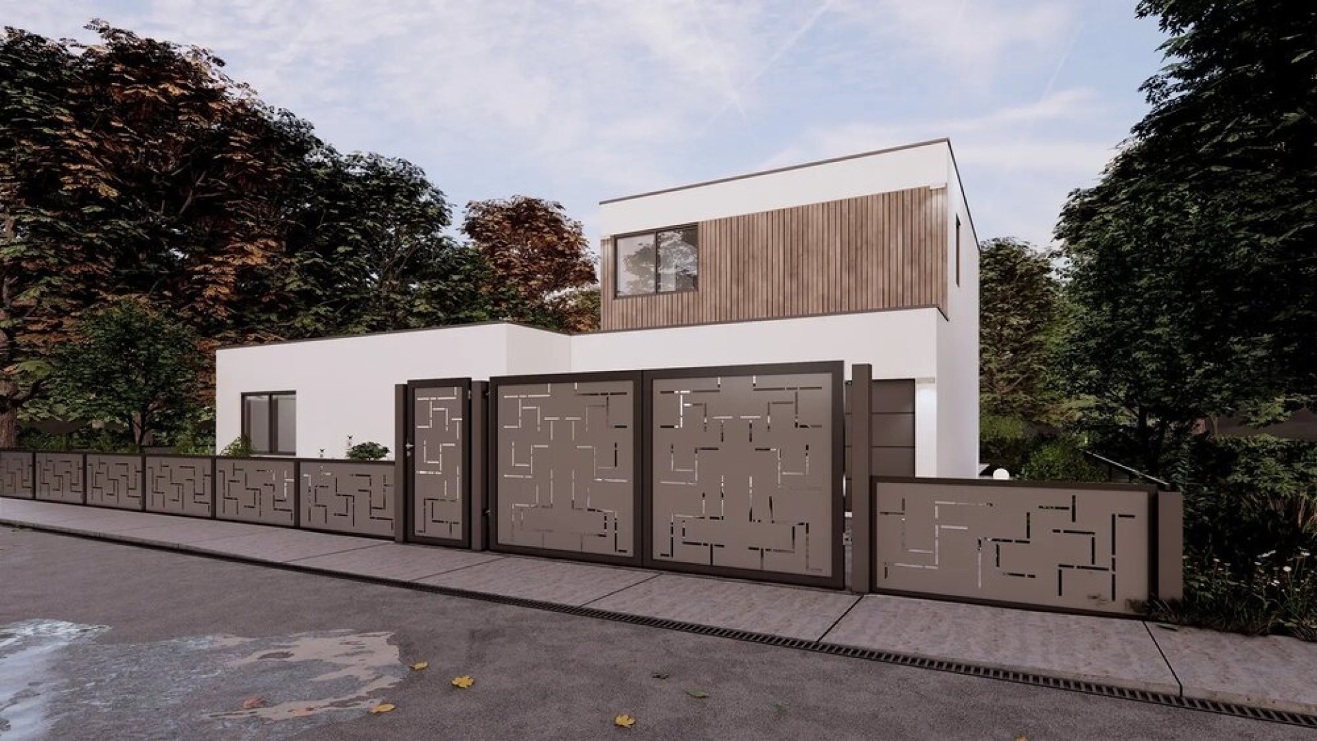 Nowoczesny dom jednorodzinny z ozdobnym metalowym ogrodzeniem NARVI o geometrycznym wzorze.