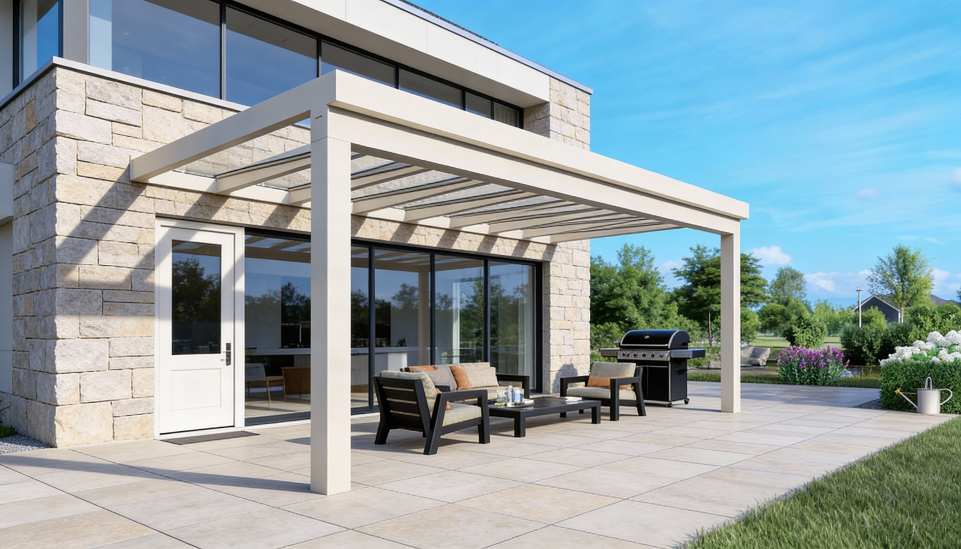 Nowoczesna, biała pergola z aluminium ze szklanym dachem na tarasie domu jednorodzinnego z meblami ogrodowymi i grillem.