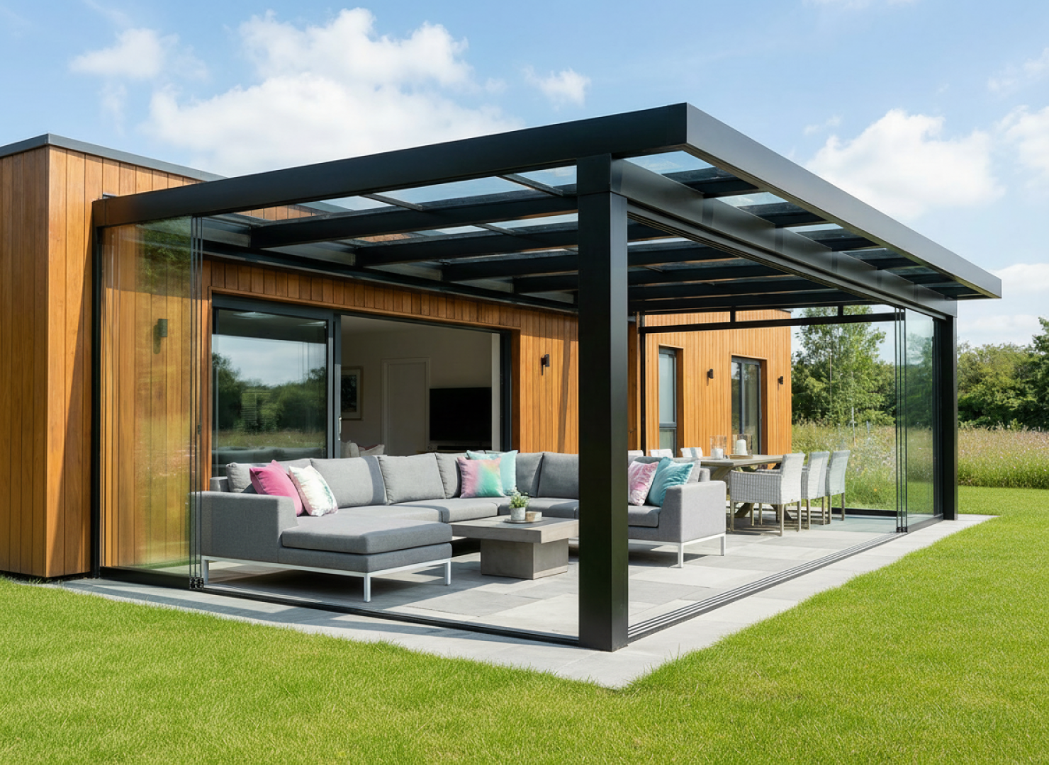 Nowoczesna przeszklona pergola z czarną aluminiową konstrukcją i szarymi meblami ogrodowymi na tarasie przy drewnianym domu.